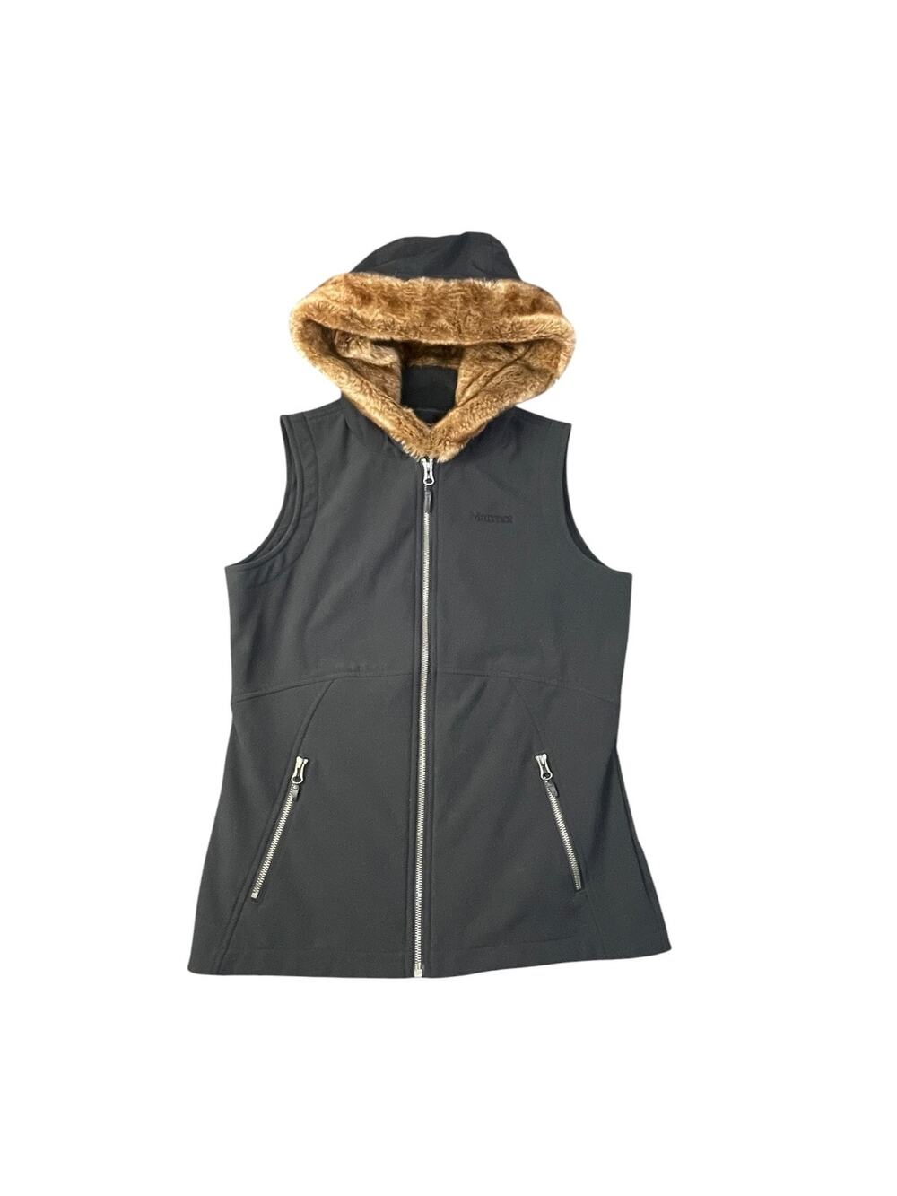 Marmot Women’s Medium Faux Fur Hooded Black Outer Shell Vest With Fleece Lining